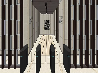 Modern Elevator Hallway Interior Design With Wooden Floor And Metal Doors 3d model