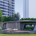 Modern High Rise Residential Landscape With Wooden Lattice Walkway Entrance Area And Greenery Pathway