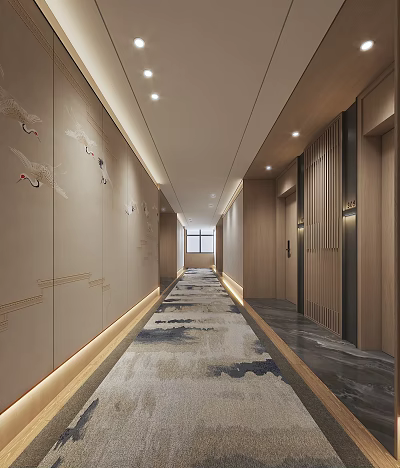 Hotel Corridor With Beige Walls Crane Decorations Ink Painting Carpet Wooden Elements And Recessed Lighting 3d model
