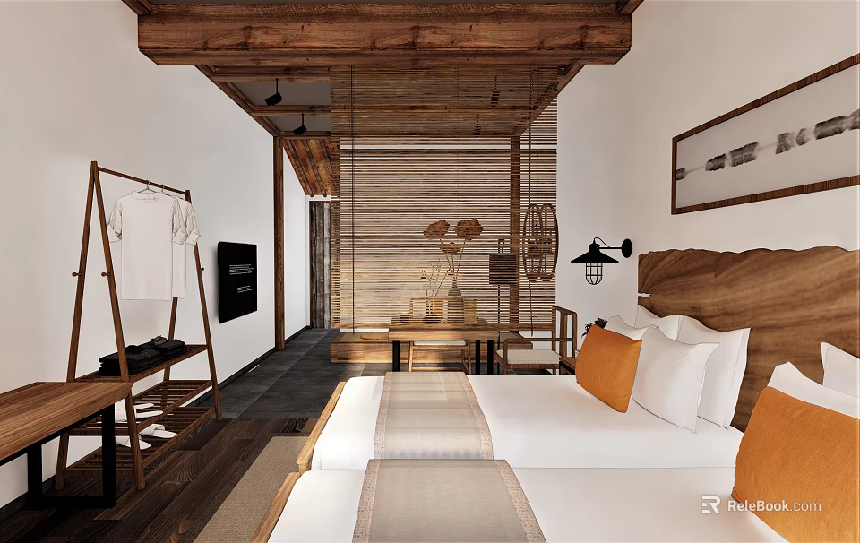 Hotel Guest Room With Twin Beds White Linens Orange Cushions Wooden Ceiling And Minimalist Decor 3d model 