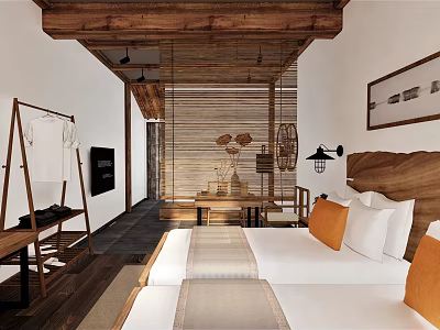 Hotel Guest Room With Twin Beds White Linens Orange Cushions Wooden Ceiling And Minimalist Decor 3d model