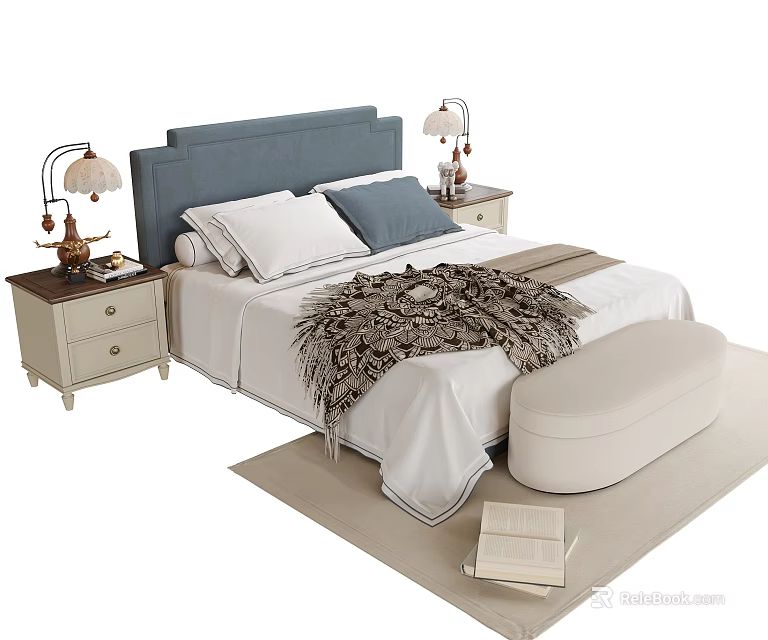 Double Bed with Blue Headboard White Sheets Patterned Throw and Nightstands with Table Lamps 3d model