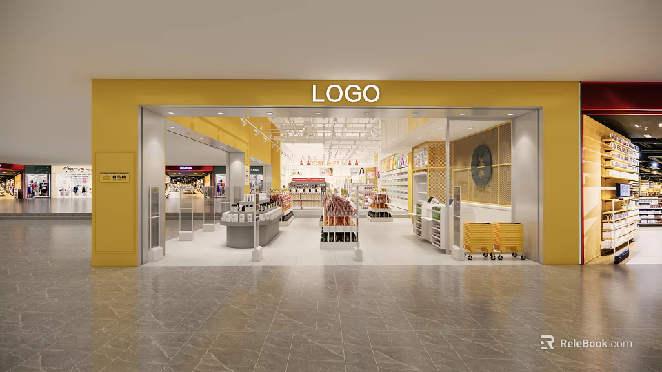 Shopping Mall Retail Store With Yellow Facade And Shelves For Product Displays 3d model 