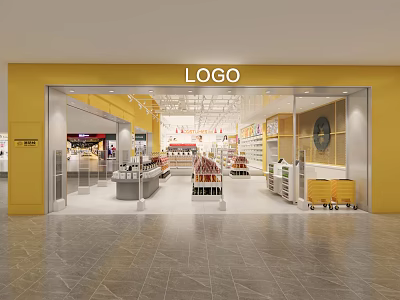 Shopping Mall Retail Store With Yellow Facade And Shelves For Product Displays 3d model