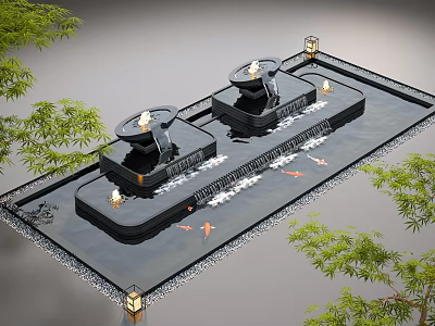 Modern Outdoor Water Fountain With Dual Structures Flowing Water Koi Fish Lanterns And Trees 3d model