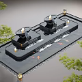 Modern Outdoor Water Fountain With Dual Structures Flowing Water Koi Fish Lanterns And Trees