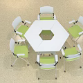 White Hexagonal Table and Chair Set With Green Cushions Wheeled Chairs and Gray Striped Wall