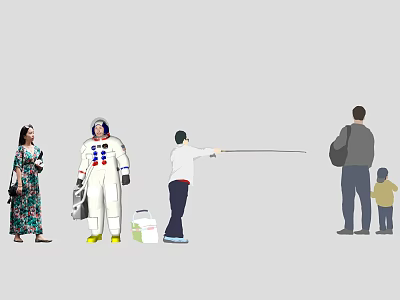 People Standing With Astronaut Holding Box Person Pointing Man And Child 3d model