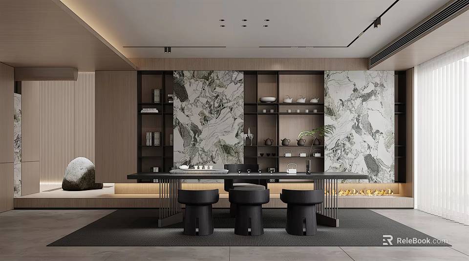Elegant Modern Tea Room Interior With Marble Wall Wooden Table Black Stools And Tea Sets 3d model 