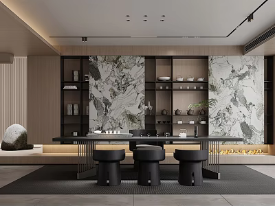 Elegant Modern Tea Room Interior With Marble Wall Wooden Table Black Stools And Tea Sets 3d model