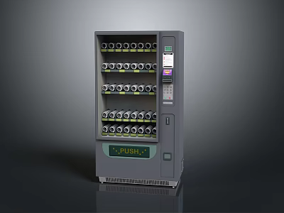 Gray Vending Machine With Multiple Shelves Bottled Products Display Screen Payment Panel And Push Button 3d model