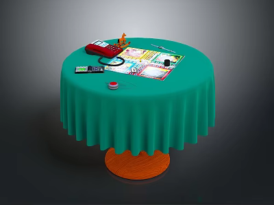 Round Table With Green Ruffled Tablecloth Orange Base And Board Game Setup 3d model
