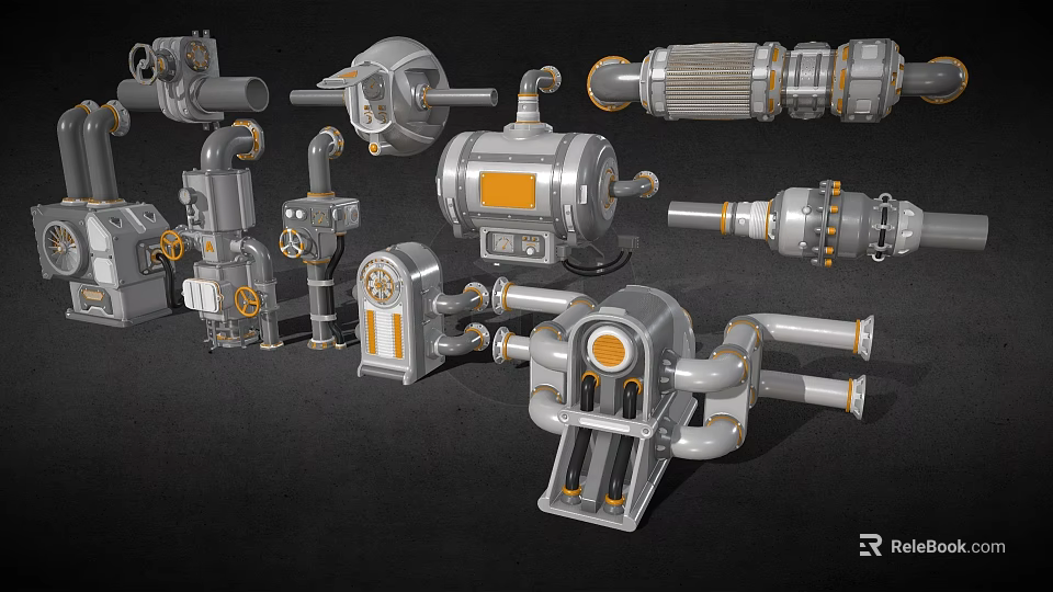 Industrial Mechanical Piping Components With Valves Pumps And Metal Connectors 3d model 