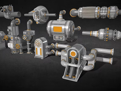Industrial Mechanical Piping Components With Valves Pumps And Metal Connectors 3d model