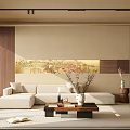 Modern Living Room With Beige Walls Wooden Accents And White Sofa Decorative Painting