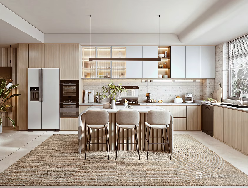 Modern Kitchen Interior Design With Island Counter Cabinets Appliances Pendant Lights And Rug 3d model 