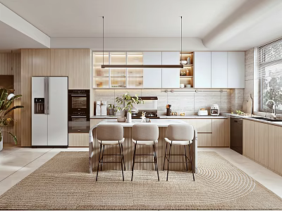 Modern Kitchen Interior Design With Island Counter Cabinets Appliances Pendant Lights And Rug 3d model