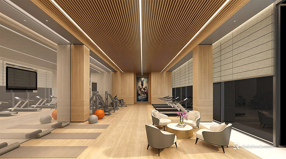 Spacious Bright Fitness Center with Various Workout Equipment Yoga Balls and Comfortable Rest Area 3d model 