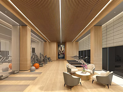 Spacious Bright Fitness Center with Various Workout Equipment Yoga Balls and Comfortable Rest Area 3d model
