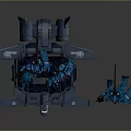 Blue Mechanical Robot Action Figures With Multiple Units On Platform Vehicle And Detailed Design