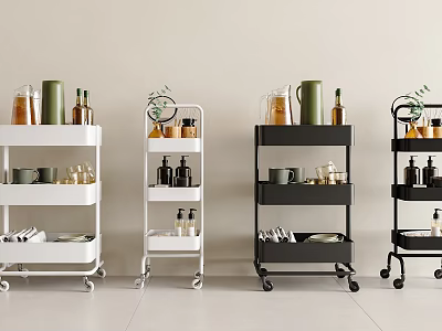 Stylish White and Black Rolling Storage Carts with Bottles Cups and Dishes 3d model