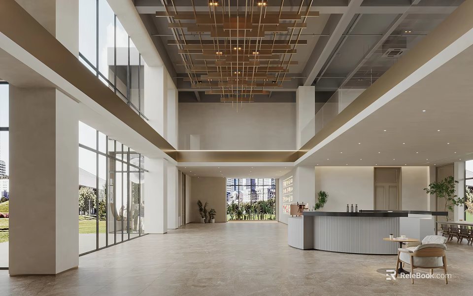Modern Lobby Front Desk Reception With Large Windows Natural Light And Green Plants 3d model 