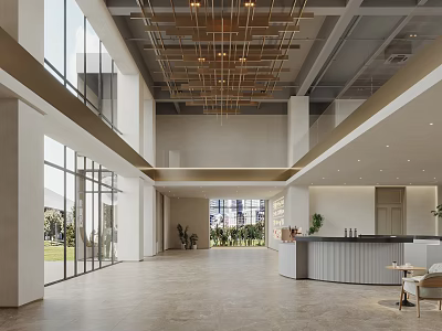 Modern Lobby Front Desk Reception With Large Windows Natural Light And Green Plants 3d model