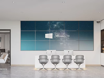 Modern Front Desk Reception with Large Screen Wall Windows 10 Logo and Ergonomic Chairs 3d model