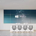 Modern Front Desk Reception with Large Screen Wall Windows 10 Logo and Ergonomic Chairs