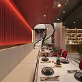Modern Restaurant Interior With Curved Red Wall Long Dining Table Red Chairs And Wine Rack