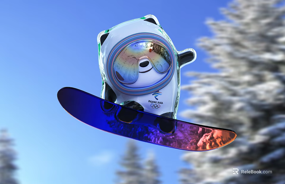 Man In Panda Astronaut Suit Snowboarding Jumping With Olympic Logo And Blue Sky Pine Trees 3d model 