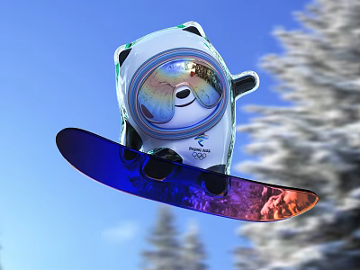 Man In Panda Astronaut Suit Snowboarding Jumping With Olympic Logo And Blue Sky Pine Trees 3d model