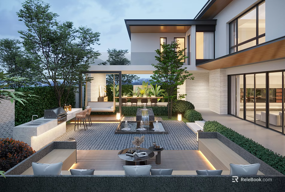 Modern Villa Garden Landscape Design with Courtyard Water Feature Outdoor Furniture and Greenery Lighting 3d model 
