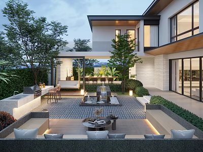 Modern Villa Garden Landscape Design with Courtyard Water Feature Outdoor Furniture and Greenery Lighting 3d model