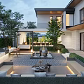 Modern Villa Garden Landscape Design with Courtyard Water Feature Outdoor Furniture and Greenery Lighting
