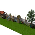 Outdoor Wooden Playground Equipment with Slide Platform Red Roof Canopy Green Grass and Trees