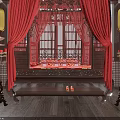 Traditional Chinese Room Interior With Red Curtains Calligraphy Paintings And Wooden Furniture
