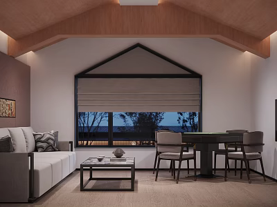 Modern Hotel Mahjong Room Interior With Wooden Ceiling Sofa Window And Dining Table 3d model