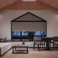 Modern Hotel Mahjong Room Interior With Wooden Ceiling Sofa Window And Dining Table