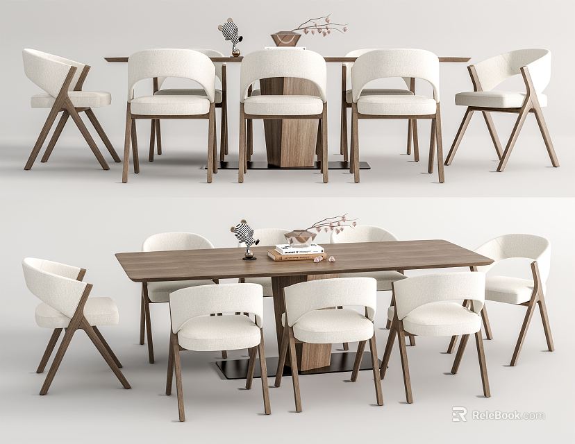 Modern Dining Table Set With Wooden Tabletop White Chairs And Decorative Centerpiece 3d model 