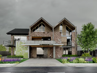Detached Villa With Brick Exterior Gabled Roof And Landscaped Front Yard Garden 3d model
