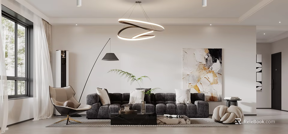 Elegant Modern Living Dining Area With Gray Sofa Round Chandelier Abstract Artwork and Potted Plant 3d model 