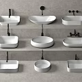Various Modern Bathroom Sinks With Faucets In Different Shapes On Gray Steps