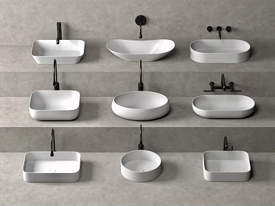 Various Modern Bathroom Sinks With Faucets In Different Shapes On Gray Steps 3d model