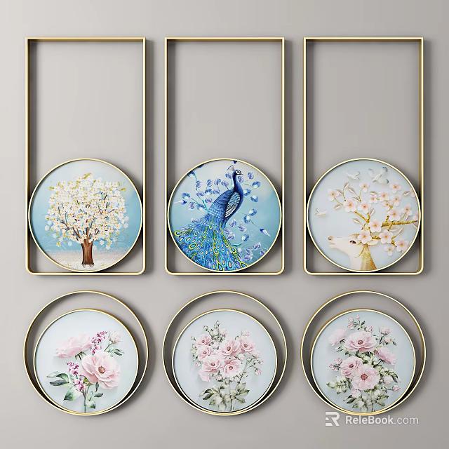Round Frame Paintings With Cherry Blossom Peacock Deer And Pink Flowers In Golden Frames 3d model 