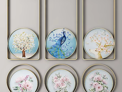 Round Frame Paintings With Cherry Blossom Peacock Deer And Pink Flowers In Golden Frames 3d model