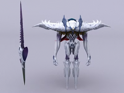 White Winged Skeleton Game Movie Character With Sharp Sword And Detailed Features 3d model