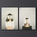 Nude Figure Paintings With Rear View And Feather Adornments On Dark Background
