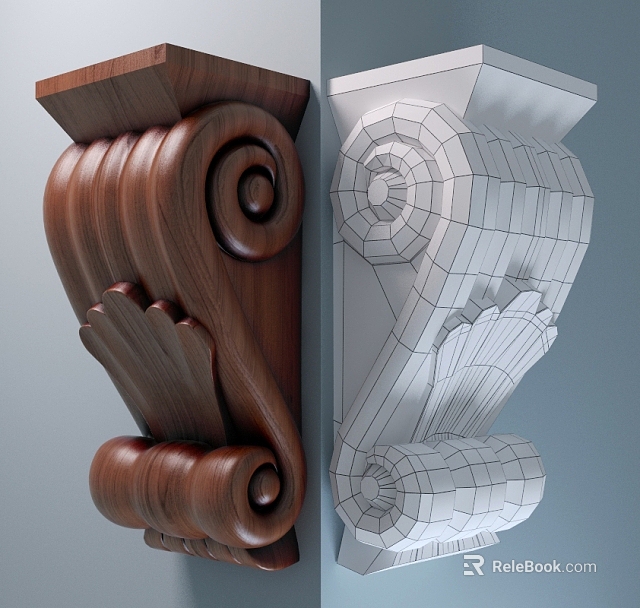 Wooden Carved Capital With Scroll Details And 3D Wireframe Structure Model 3d model 