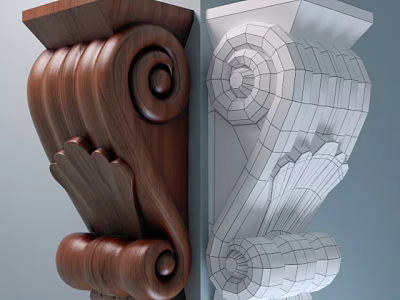 Wooden Carved Capital With Scroll Details And 3D Wireframe Structure Model 3d model